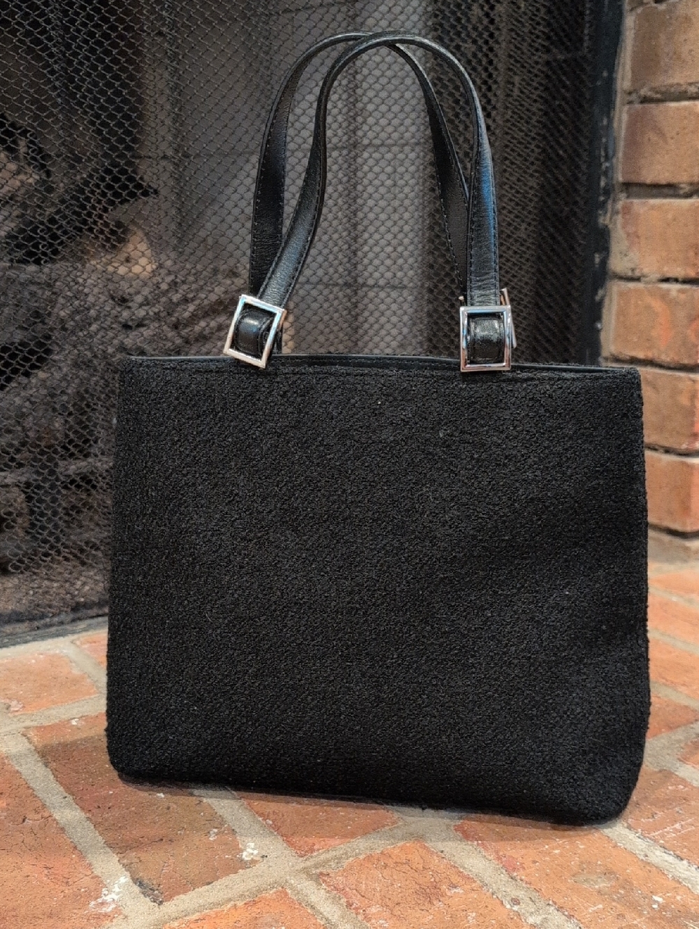 Harold Powell Black Textured Handbag Small Tote Purse Buckle Strap Classic Chic